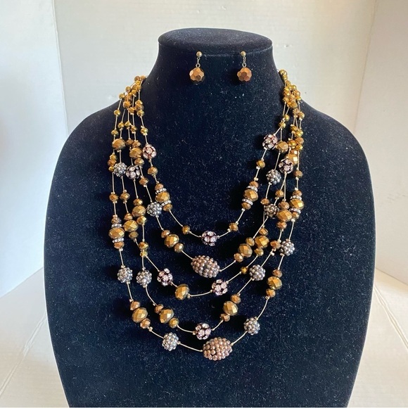 Beaded Necklace & Earring Set Faceted Glass Copper Gunmetal Layered Necklace - Picture 8 of 16